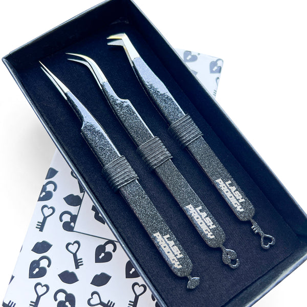 3 Piece Love, Lock & Lips Tweezer Set Black Glitter