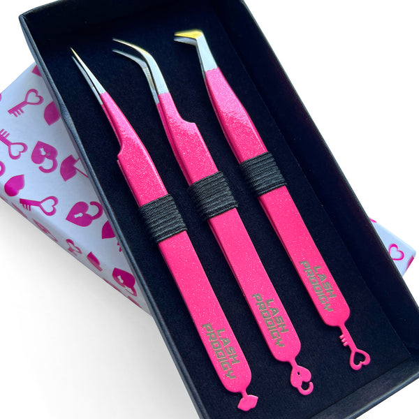 3 Piece Love, Lock & Lips Tweezer Set Fuchsia Glitter