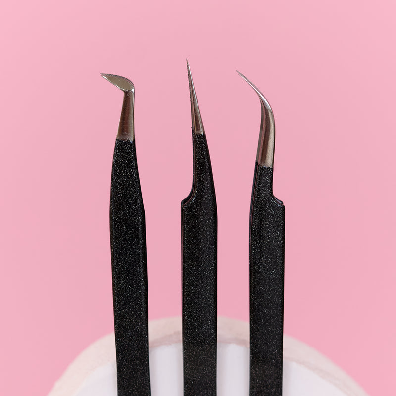 3 Piece Love, Lock & Lips Tweezer Set Black Glitter