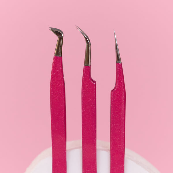 3 Piece Love, Lock & Lips Tweezer Set Fuchsia Glitter